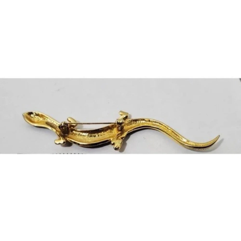 Gold tone black enamel crystal rhinestone salamander gecko brooch